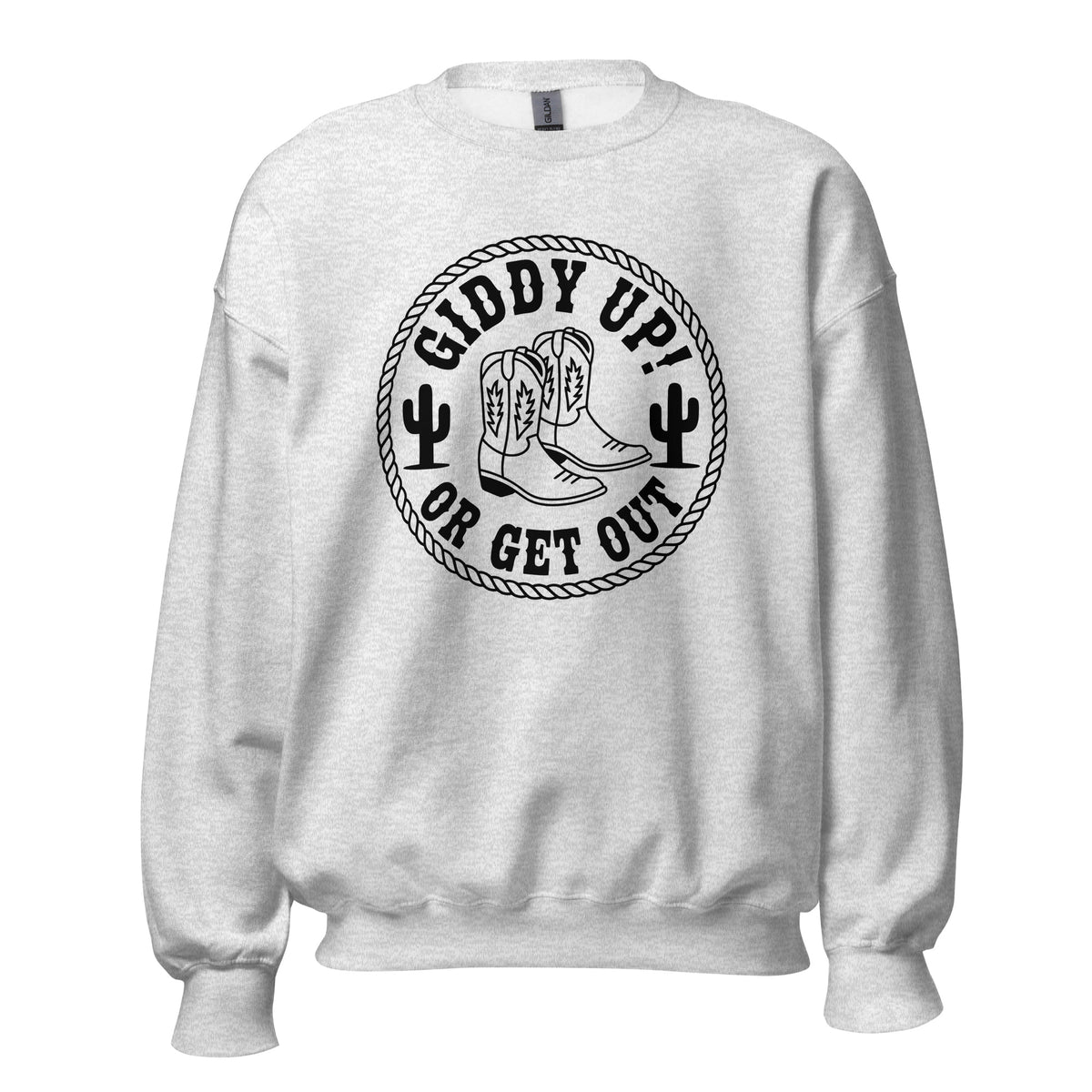 Shop Best Giddy Up or Get Out Cowboy Boots Sweatshirt, a cozy western-inspired layer for rodeos, ranch days, and everyday style.
