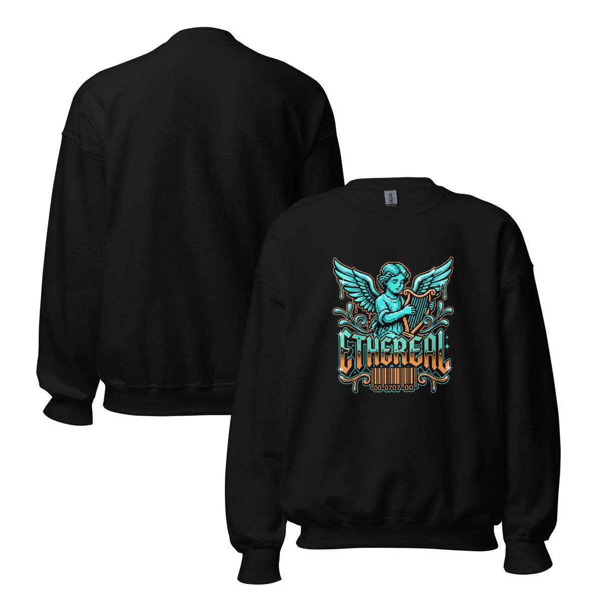 Elevate your wardrobe with the Pixelated Angel Playing Harp Dripping Sweatshirt, blending heavenly pixel art with an edgy dripping effect.