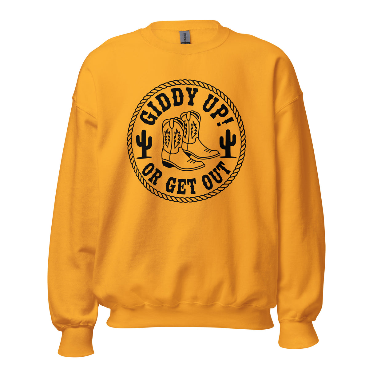 Buy Giddy Up or Get Out Cowboy Boots Sweatshirt, featuring standout country charm for cool nights, events, and laid-back looks.