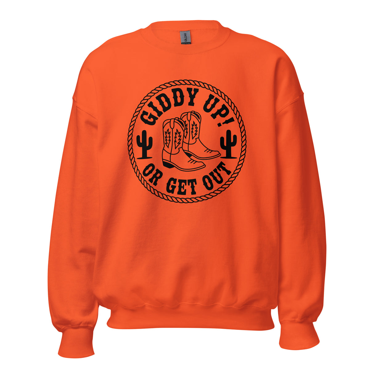 Shop the Giddy Up or Get Out Cowboy Boots Sweatshirt for a bold Western look. Cozy, stylish, and perfect for rodeos or everyday wear.
