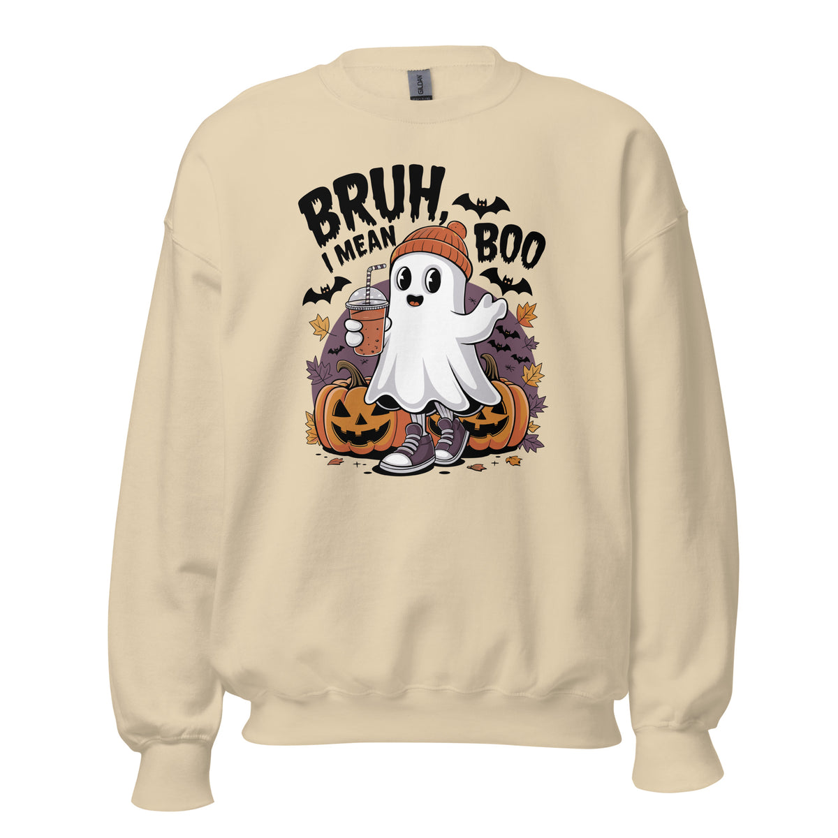 Celebrate spooky season in the Bruh Mean Boo Halloween Ghost Sweatshirt, a comfy, eye-catching choice for Halloween events, lounging, or gifting.
