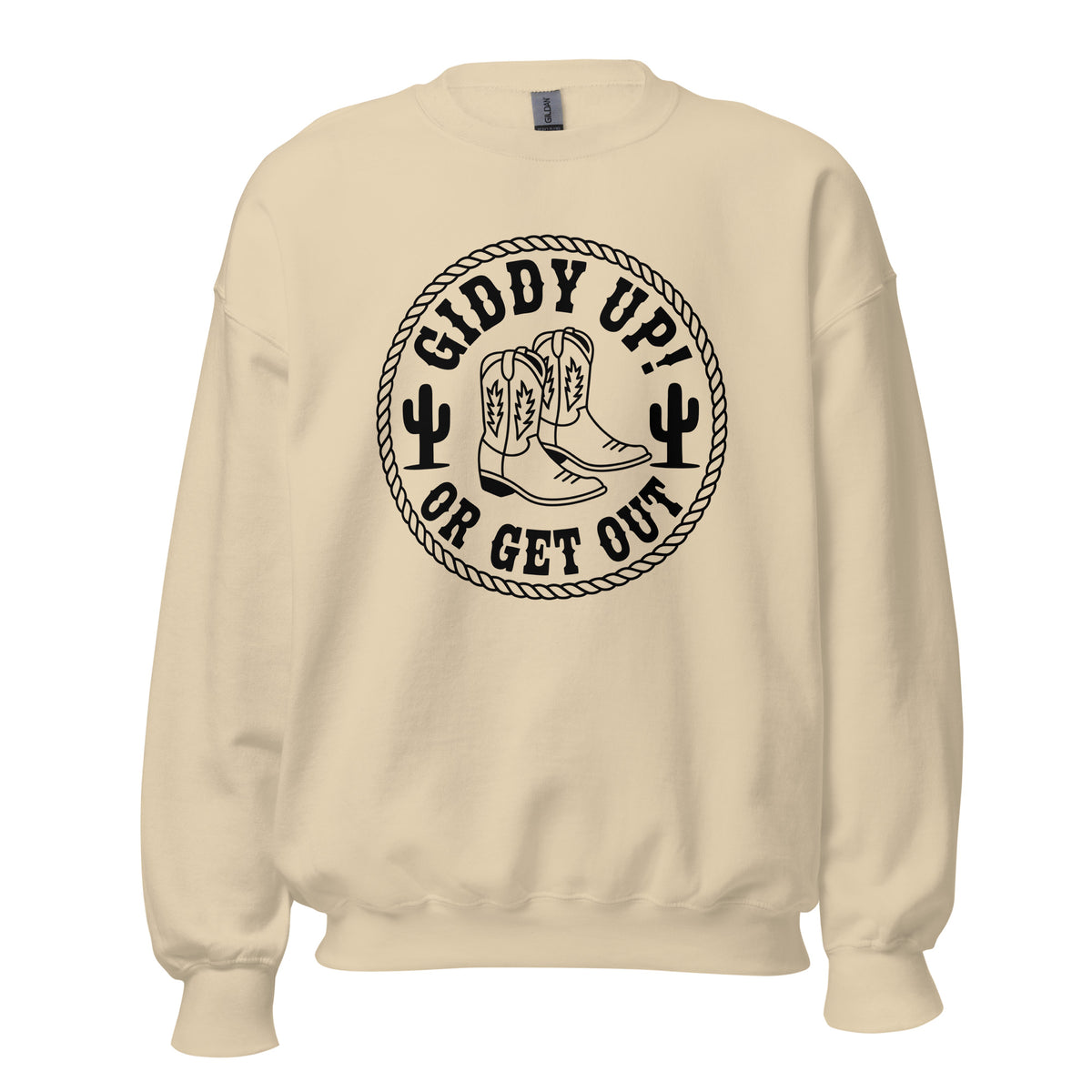 Buy Giddy Up or Get Out Cowboy Boots Sweatshirt, a standout western-inspired layer for casual outfits and country style.