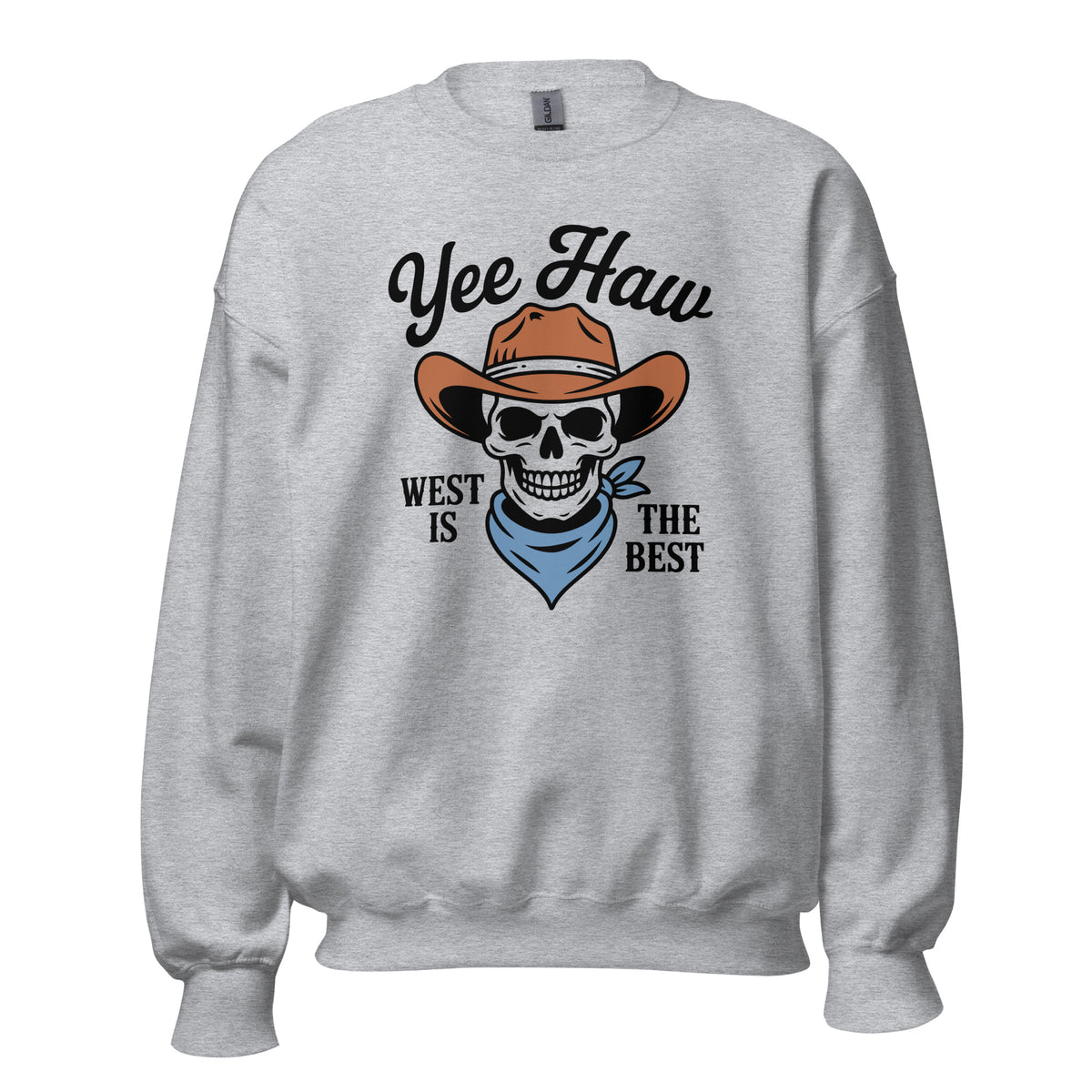 Make a statement in Yee Haw West Is the Best Cowboy Skull Sweatshirt—a cozy, bold layer for rodeos, weekends, and daily wear.
