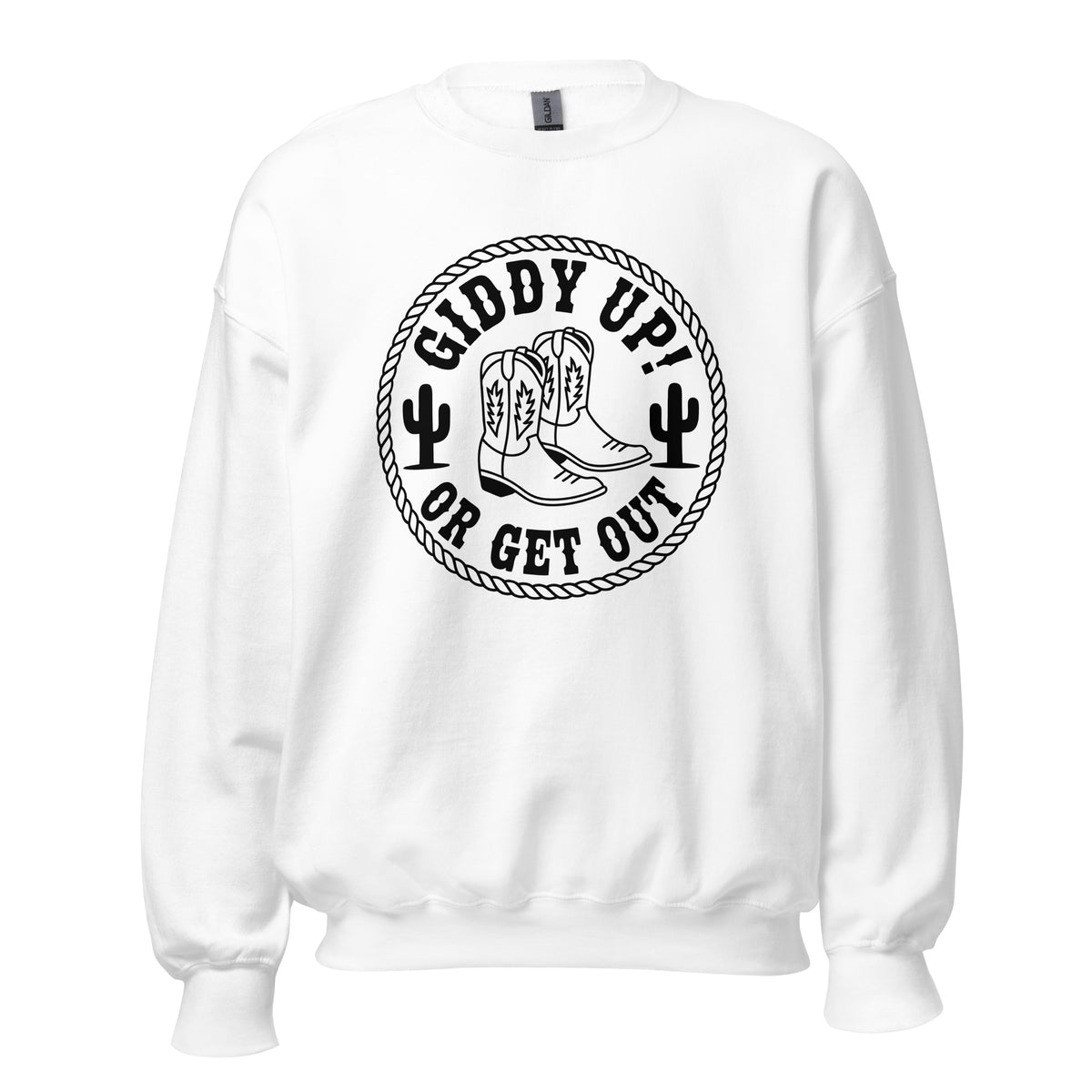 Shop Funny Giddy Up or Get Out Cowboy Boots Sweatshirt Casual Wear for a bold Western look, cozy comfort, and everyday country-inspired style.