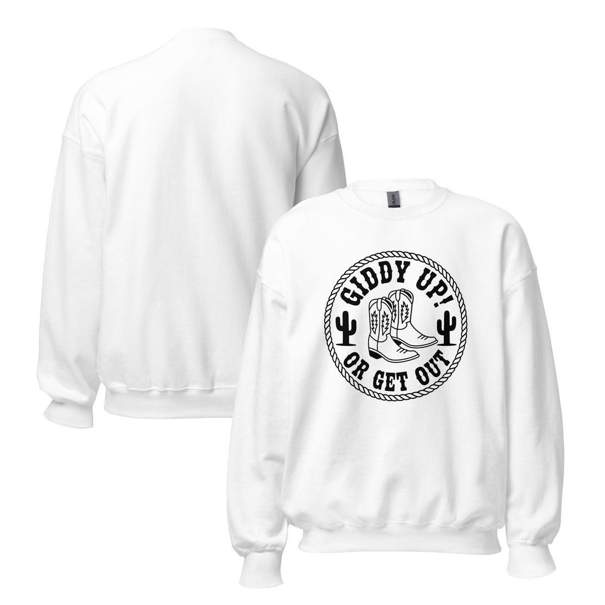 Shop Best Funny Giddy Up or Get Out Cowboy Boots Sweatshirt Casual Wear for a bold Western look, cozy comfort, and everyday country-inspired style.