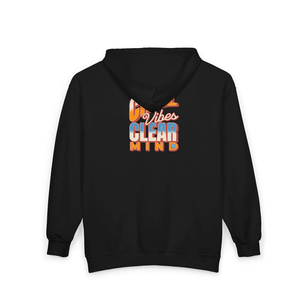 A black pullover hoodie shown from the back, featuring a colorful graphic print with the text 'G Vibes CLEAR MIND' in orange, white, and blue. Shop online Comfortable Chill Vibes Clear Mind Zip Hoodie Casual Wear for soft, everyday comfort, relaxed style, and an effortlessly calm look. Elevate your off-duty wardrobe with the Comfortable Chill Vibes Clear Mind Zip Hoodie—made for warmth, ease, and relaxed moments. Buy the Comfortable Chill Vibes Clear Mind Zip Hoodie, designed for cozy layering.