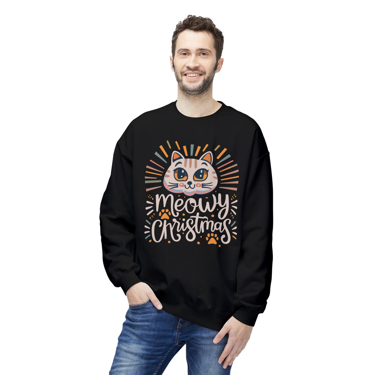 Buy Cute Meowy Christmas Cat Crewneck Sweatshirt Casual Wear for festive comfort playful feline charm and easy holiday style.