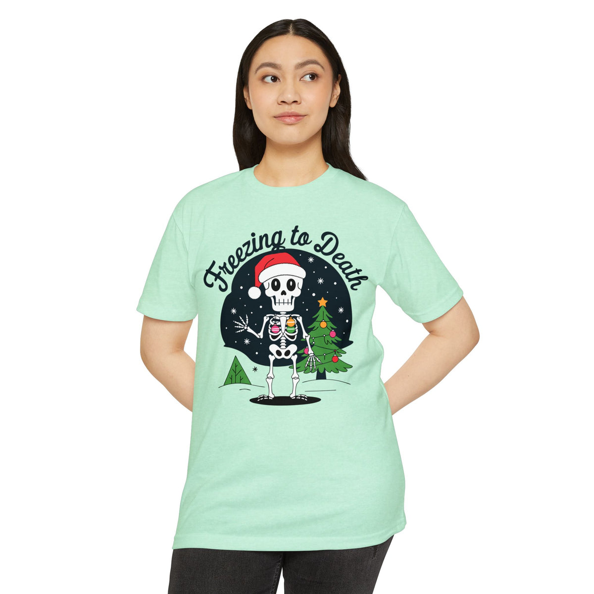Freezing to Death Skeleton Christmas T-Shirt Casual Wear Add the Freezing to Death Skeleton Christmas T-Shirt Casual Wear to your wardrobe for a spooky, comfortable twist on holiday casual style. Shop Freezing to Death Skeleton Christmas T-Shirt Casual Wear for a darkly festive look, cozy comfort, and standout seasonal style. Buy Freezing to Death Skeleton Christmas T-Shirt Casual Wear, a bold holiday graphic tee for relaxed outfits and eerie festive fun.