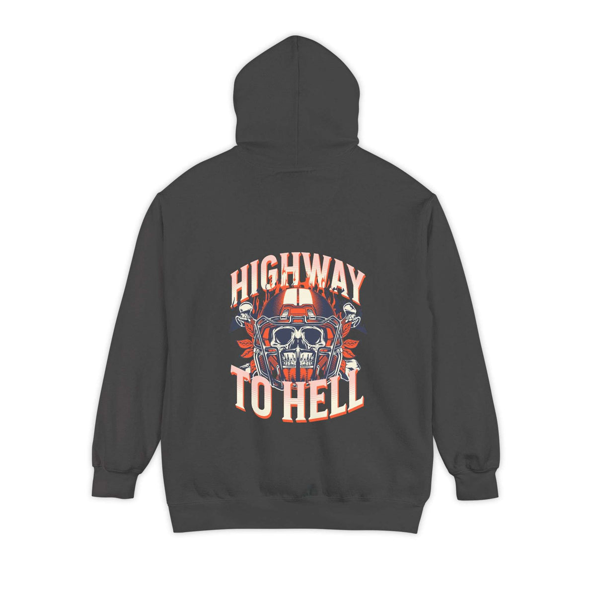 A dark gray hoodie shown from the back, featuring a large graphic print with the text 'HIGHWAY TO HELL' in orange and white, surrounding a skull and motorcycle design. Shop Bold Highway To Hell Football Skull Graphic Hoodie Casual Wear for bold football-inspired streetwear with skull graphic and cozy hoodie style. Buy Bold Highway To Hell Football Skull Graphic Hoodie brings edgy game-day style with a striking skull design, cozy comfort, and standout attitude.