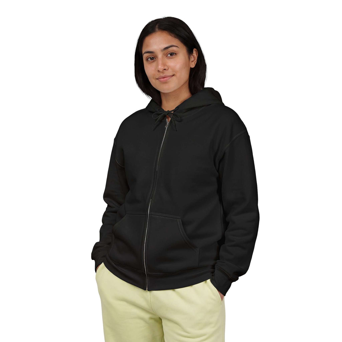 A woman wearing a black zip-up hoodie with 'AUREN' printed in gold on the left chest, paired with light yellow sweatpants, against a plain white background. Shop online Comfortable Chill Vibes Clear Mind Zip Hoodie Casual Wear for soft, everyday comfort, relaxed style, and an effortlessly calm look. Elevate your off-duty wardrobe with the Comfortable Chill Vibes Clear Mind Zip Hoodie—made for warmth, ease, and relaxed moments. Buy the Comfortable Chill Vibes Clear Mind Zip Hoodie, designed for cozy layering