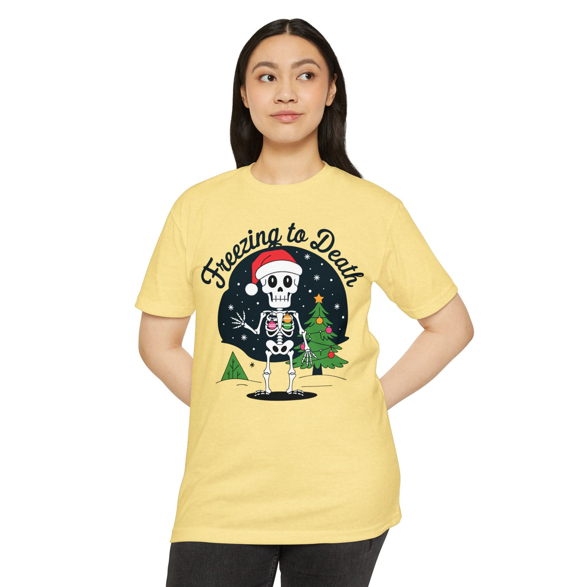 Freezing to Death Skeleton Christmas T-Shirt Casual Wear Add the Freezing to Death Skeleton Christmas T-Shirt Casual Wear to your wardrobe for a spooky, comfortable twist on holiday casual style. Shop Freezing to Death Skeleton Christmas T-Shirt Casual Wear for a darkly festive look, cozy comfort, and standout seasonal style. Buy Freezing to Death Skeleton Christmas T-Shirt Casual Wear, a bold holiday graphic tee for relaxed outfits and eerie festive fun.