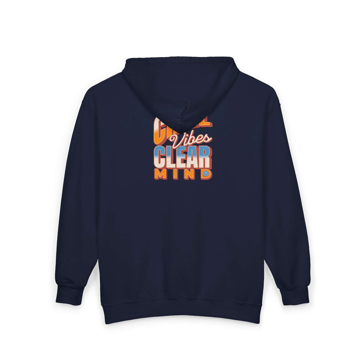 A navy blue zip-up hoodie shown from the back, featuring a colorful graphic print that reads 'Go Vibes CLEAR MIND' in orange, white, and blue text. Shop online Comfortable Chill Vibes Clear Mind Zip Hoodie Casual Wear for soft, everyday comfort, relaxed style, and an effortlessly calm look. Elevate your off-duty wardrobe with the Comfortable Chill Vibes Clear Mind Zip Hoodie—made for warmth, ease, and relaxed moments. Buy the Comfortable Chill Vibes Clear Mind Zip Hoodie, designed for cozy layering.