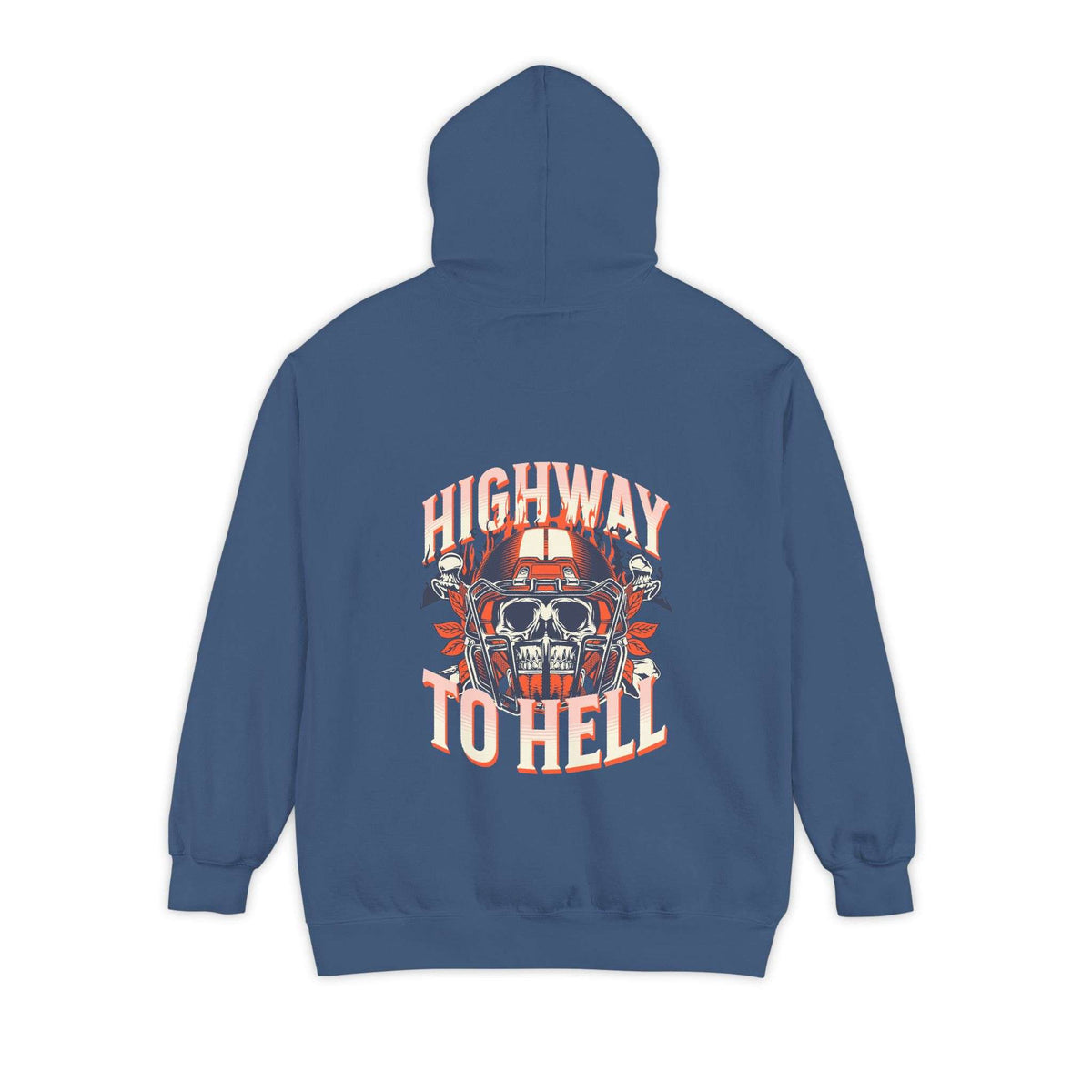 A blue pullover hoodie shown from the back, featuring a large graphic print with the words 'HIGHWAY TO HELL' in white and orange around a skull and crossed bones design. Shop Bold Highway To Hell Football Skull Graphic Hoodie Casual Wear for bold football-inspired streetwear with skull graphic and cozy hoodie style. Buy Bold Highway To Hell Football Skull Graphic Hoodie brings edgy game-day style with a striking skull design, cozy comfort, and standout attitude.