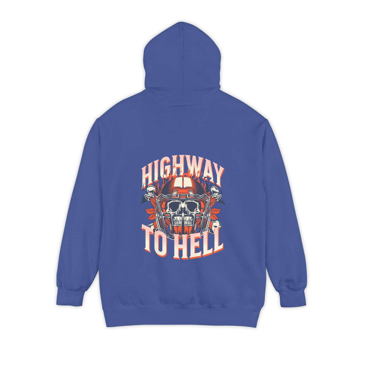 A royal blue pullover hoodie shown from the back, featuring a large graphic print with the words 'HIGHWAY TO HELL' in white and orange lettering around a skull and crossed bones design. Shop Bold Highway To Hell Football Skull Graphic Hoodie Casual Wear for bold football-inspired streetwear with skull graphic and cozy hoodie style. Buy Bold Highway To Hell Football Skull Graphic Hoodie brings edgy game-day style with a striking skull design, cozy comfort, and standout attitude.