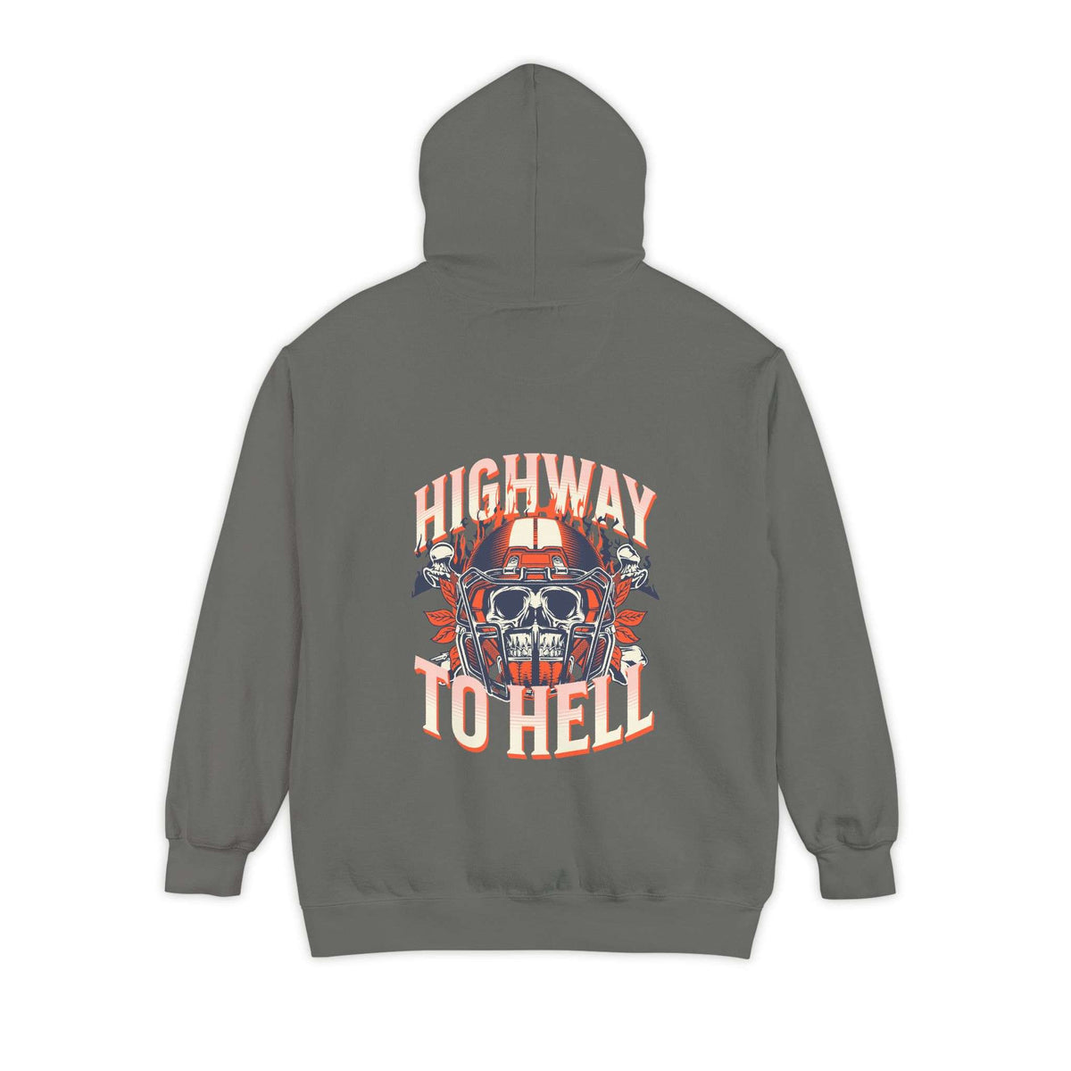 A dark gray hoodie shown from the back, featuring a large graphic print with the words 'HIGHWAY TO HELL' in orange and white around a skull and motorcycle helmet illustration. Shop Bold Highway To Hell Football Skull Graphic Hoodie Casual Wear for bold football-inspired streetwear with skull graphic and cozy hoodie style. Buy Bold Highway To Hell Football Skull Graphic Hoodie brings edgy game-day style with a striking skull design, cozy comfort, and standout attitude.