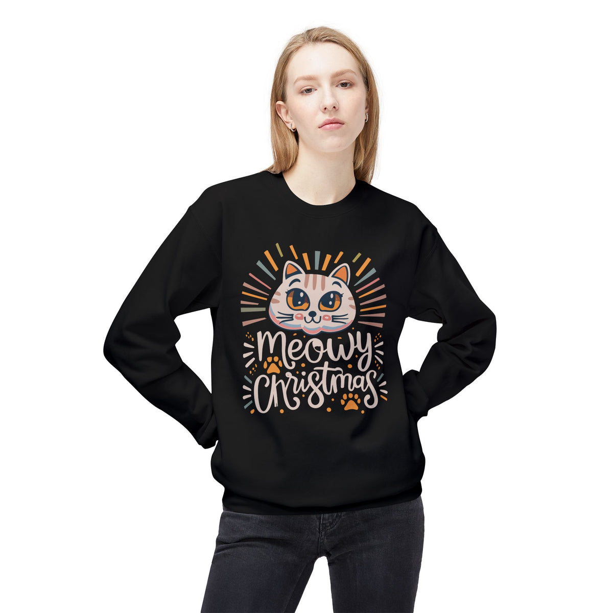 Buy Cute Meowy Christmas Cat Crewneck Sweatshirt Casual Wear for festive comfort playful feline charm and easy holiday style.