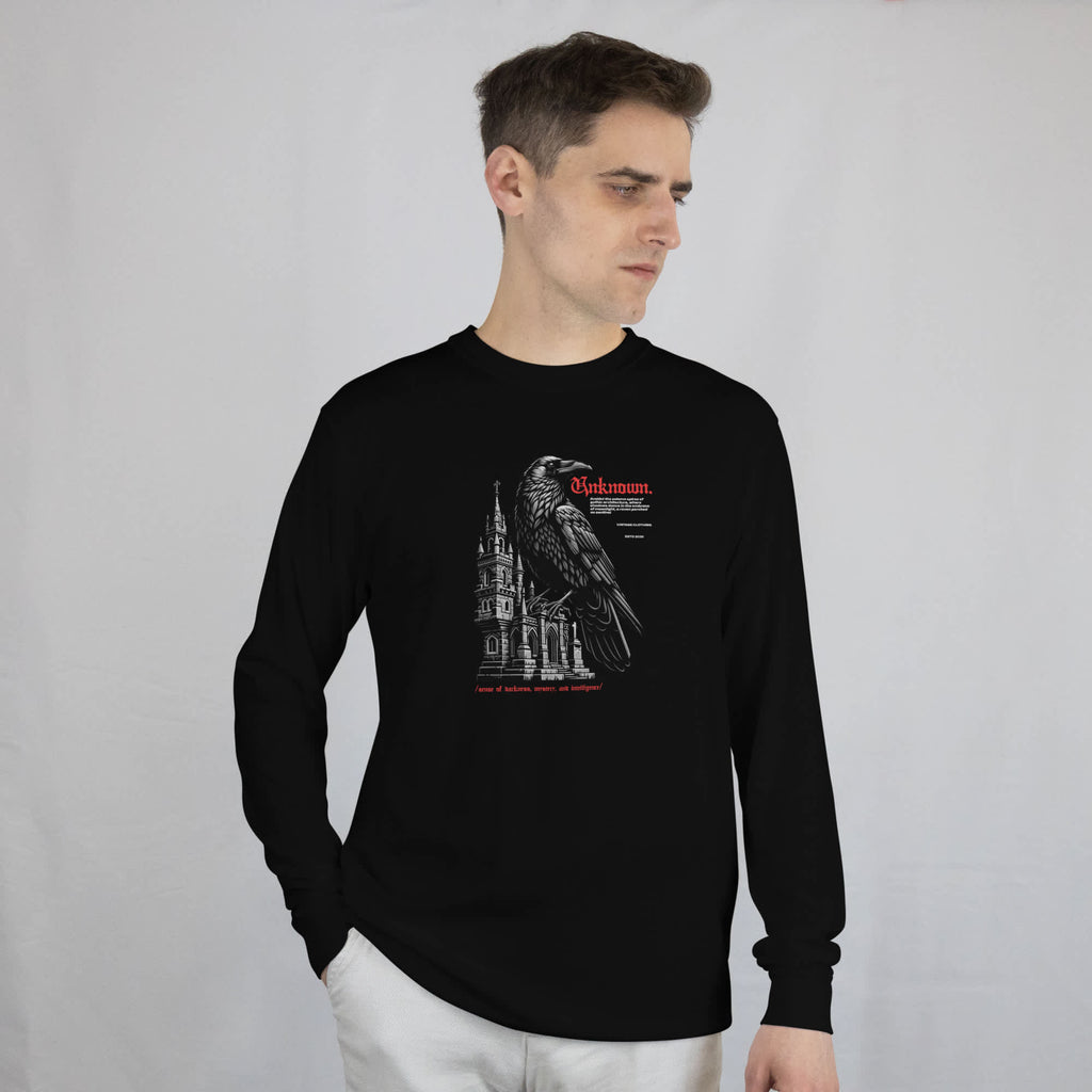 Gothic Raven Gotham Cathedral Long Sleeve Shirt for Casual Wear Shop the Gothic Raven Gotham Cathedral Long Sleeve Shirt, featuring dark cathedral-inspired style for bold everyday and alternative looks. Elevate your wardrobe with the Gothic Raven Gotham Cathedral Long Sleeve Shirt, blending raven imagery, gothic detail, and versatile style. Buy Gothic Raven Gotham Cathedral Long Sleeve Shirt—a striking layer for fans of dark art, gothic fashion, and standout comfort.