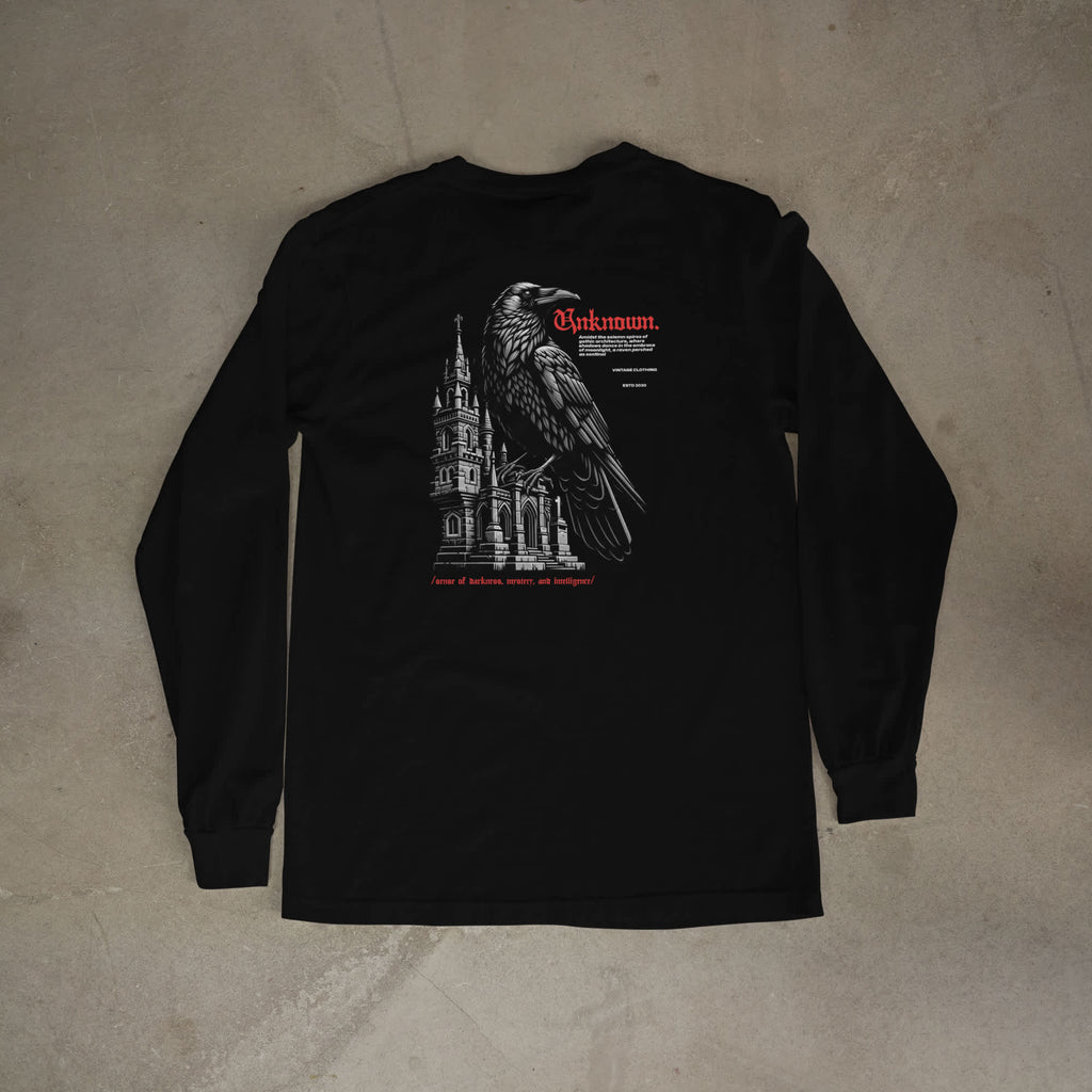 Gothic Raven Gotham Cathedral Long Sleeve Shirt for Casual Wear Shop the Gothic Raven Gotham Cathedral Long Sleeve Shirt, featuring dark cathedral-inspired style for bold everyday and alternative looks. Elevate your wardrobe with the Gothic Raven Gotham Cathedral Long Sleeve Shirt, blending raven imagery, gothic detail, and versatile style. Buy Gothic Raven Gotham Cathedral Long Sleeve Shirt—a striking layer for fans of dark art, gothic fashion, and standout comfort.