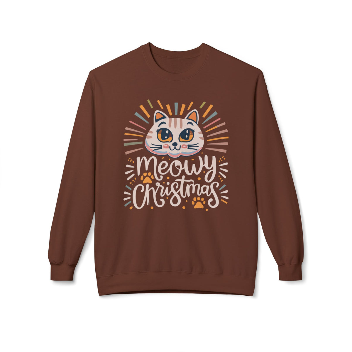 Buy Cute Meowy Christmas Cat Crewneck Sweatshirt Casual Wear for festive comfort playful feline charm and easy holiday style.