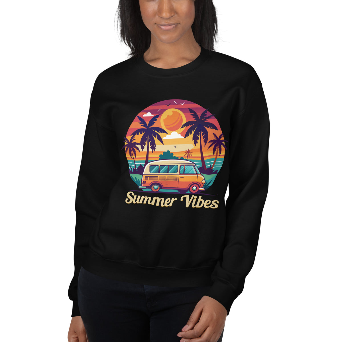 Bring retro sunshine to your wardrobe with the Summer Vibes Sunset Van Crewneck Sweatshirt for Casual Wear. Ideal for relaxed, cozy outfits.