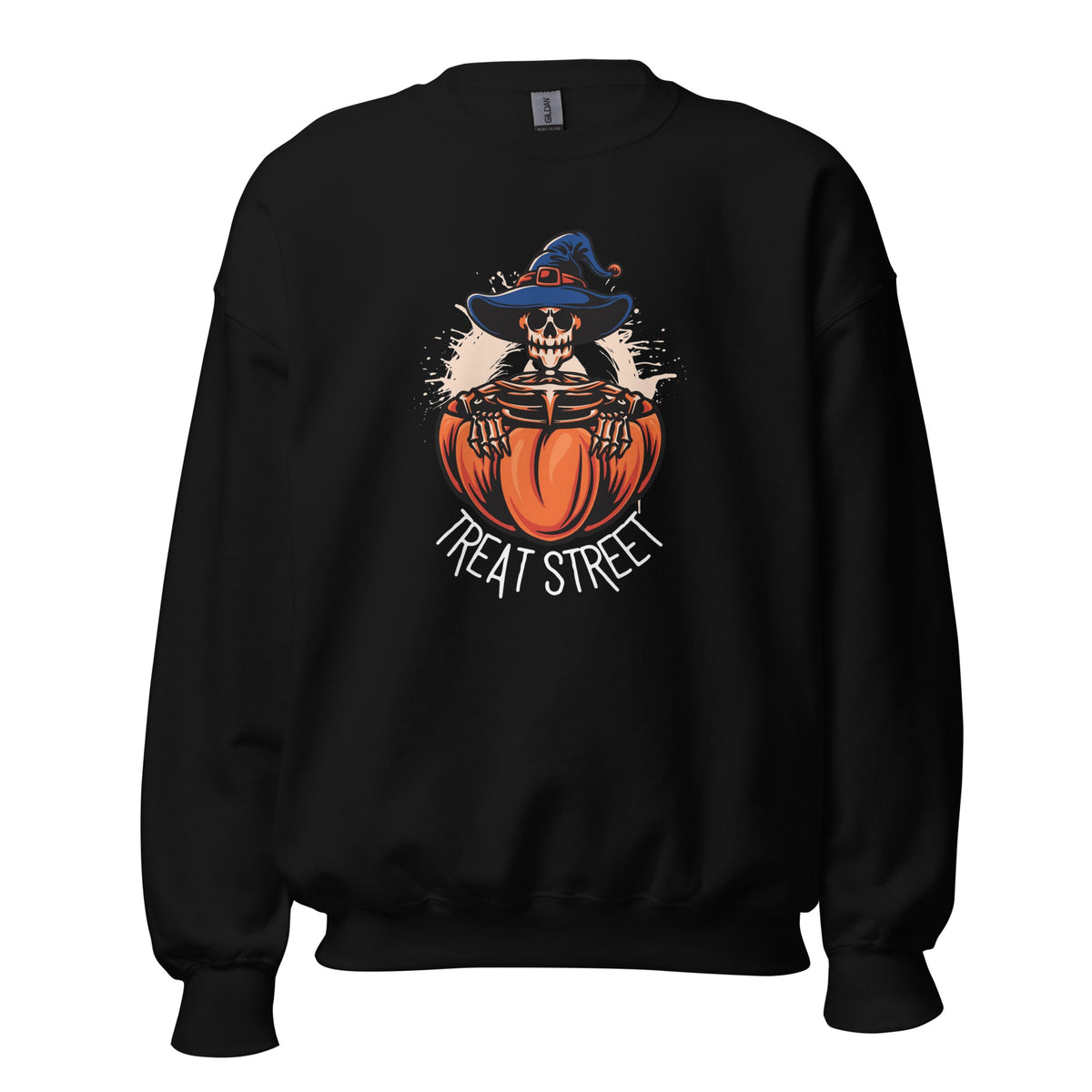 Best Treat Street Halloween Skull Crewneck Sweatshirt Festive Wear for bold skull-inspired style, ideal for Halloween fun and everyday fall wear.