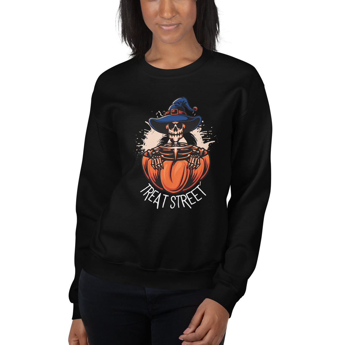 Celebrate spooky season in the Treat Street Halloween Skull Crewneck Sweatshirt, designed for cozy comfort and standout fall style.