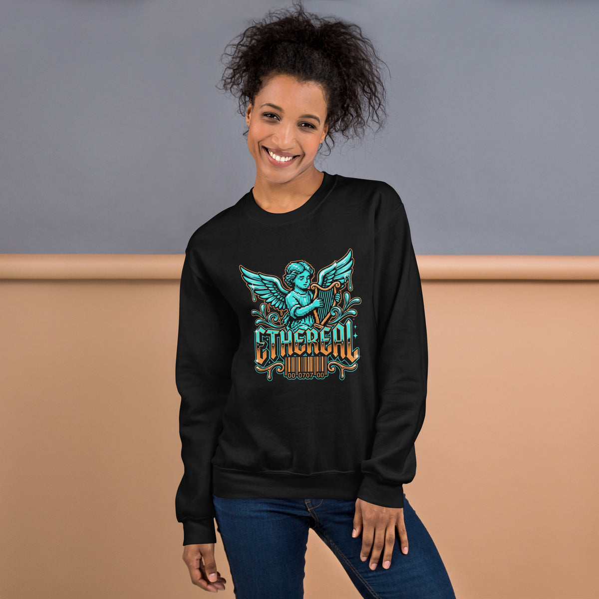 Buy Pixelated Angel Playing Harp Dripping Sweatshirt—a bold, cozy design featuring heavenly vibes and eye-catching pixel art.