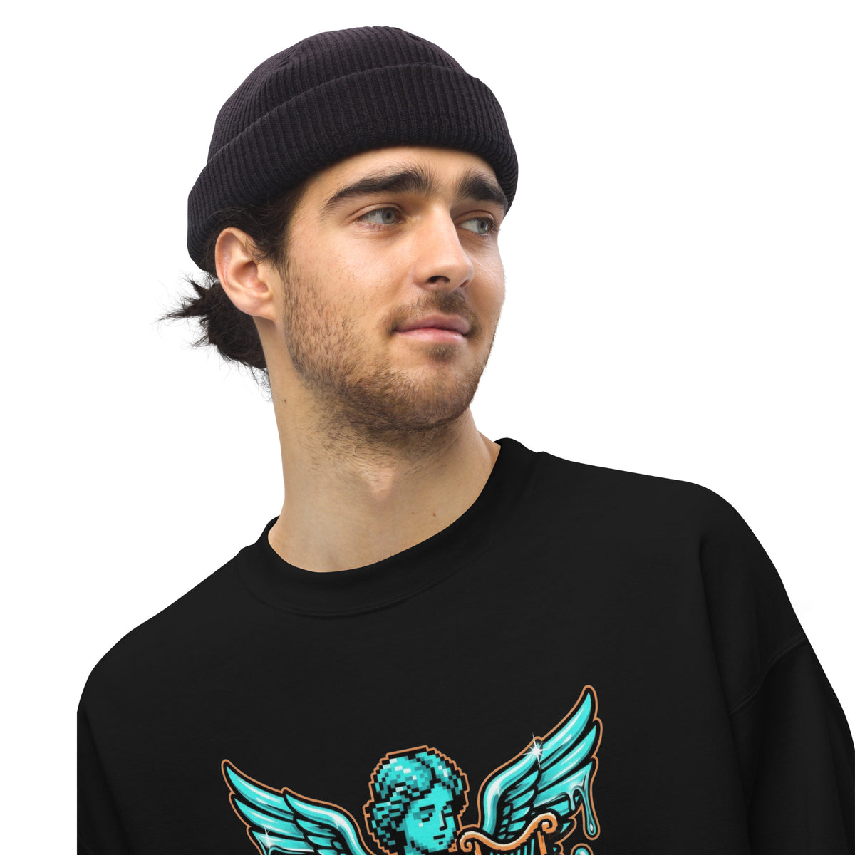 Shop the Pixelated Angel Playing Harp Dripping Sweatshirt, featuring surreal streetwear style, soft comfort, and a bold artistic graphic.