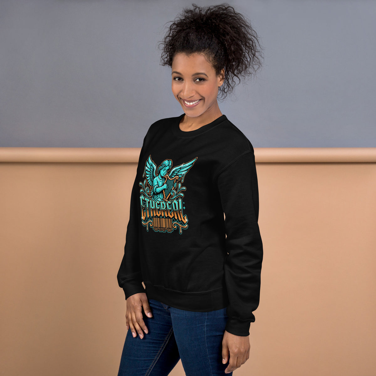 Shop the Pixelated Angel Playing Harp Dripping Sweatshirt, blending retro pixel art and celestial style in a cozy statement layer.