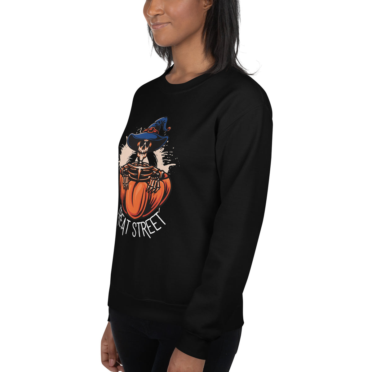 Get spooky in the Treat Street Halloween Skull Crewneck Sweatshirt, featuring bold seasonal style and cozy comfort for fall festivities.