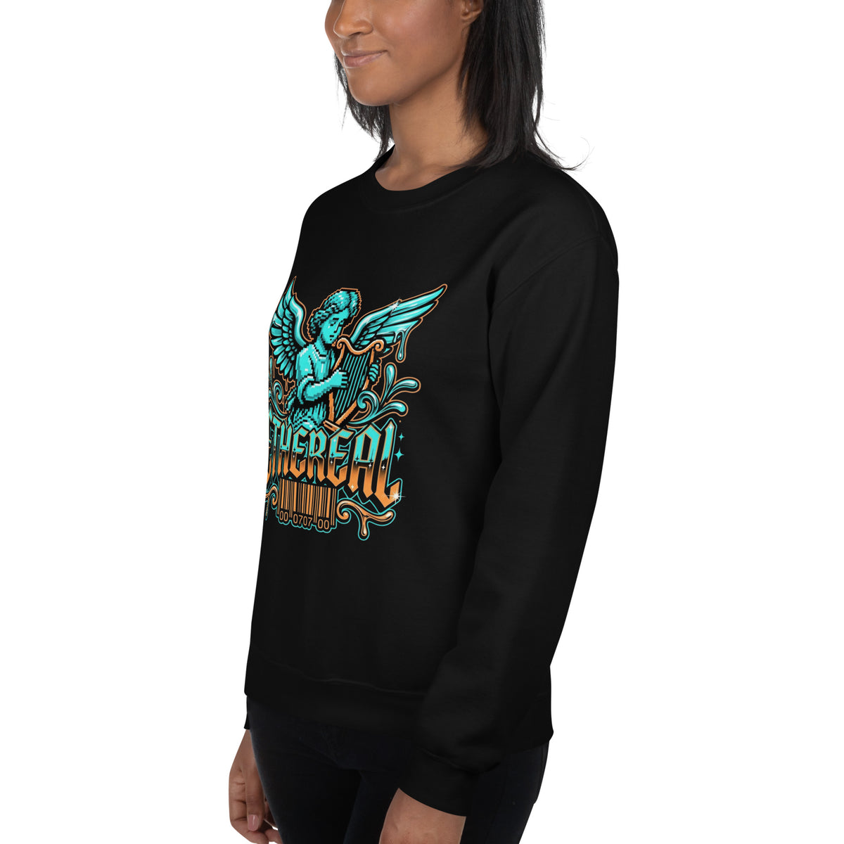 Elevate your streetwear with the Pixelated Angel Playing Harp Dripping Sweatshirt, made for fans of unique, dreamy graphic fashion.