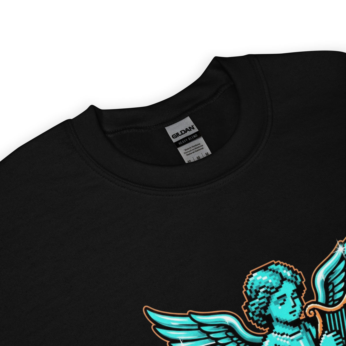 Shop the Pixelated Angel Playing Harp Dripping Sweatshirt, a bold graphic layer that blends heavenly vibes with streetwear edge.