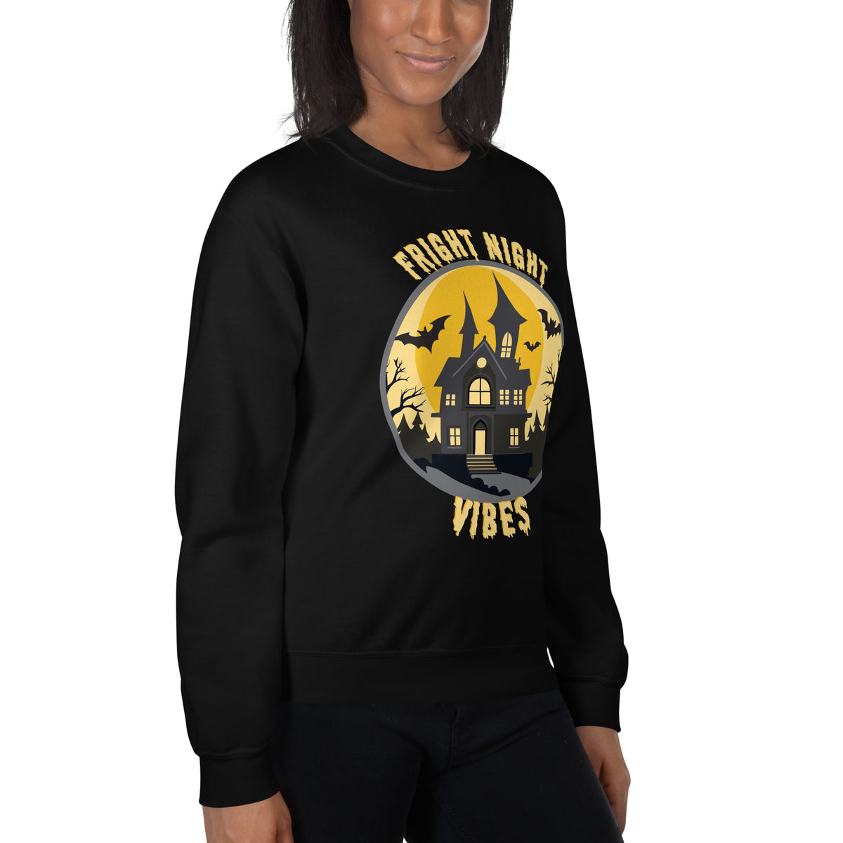 Embrace spooky season in our Fright Night Vibes Halloween Crewneck Sweatshirt, designed for cozy parties, haunted nights, and fall fun.