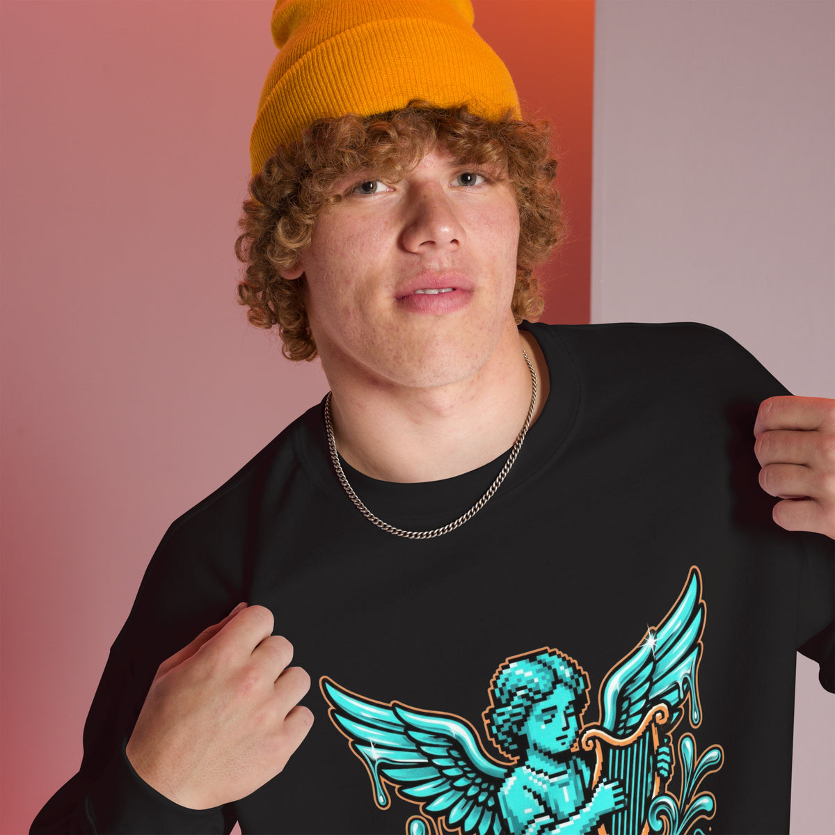 Shop Pixelated Angel Playing Harp Dripping Sweatshirt, a bold graphic layer with surreal style, cozy comfort, and standout streetwear appeal.