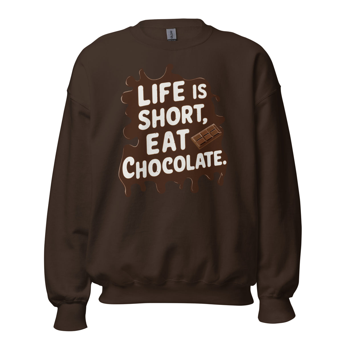 Best Life Is Short, Eat Chocolate: Crewneck Sweatshirt brings cozy comfort and a playful message—perfect for chocolate lovers and everyday style.