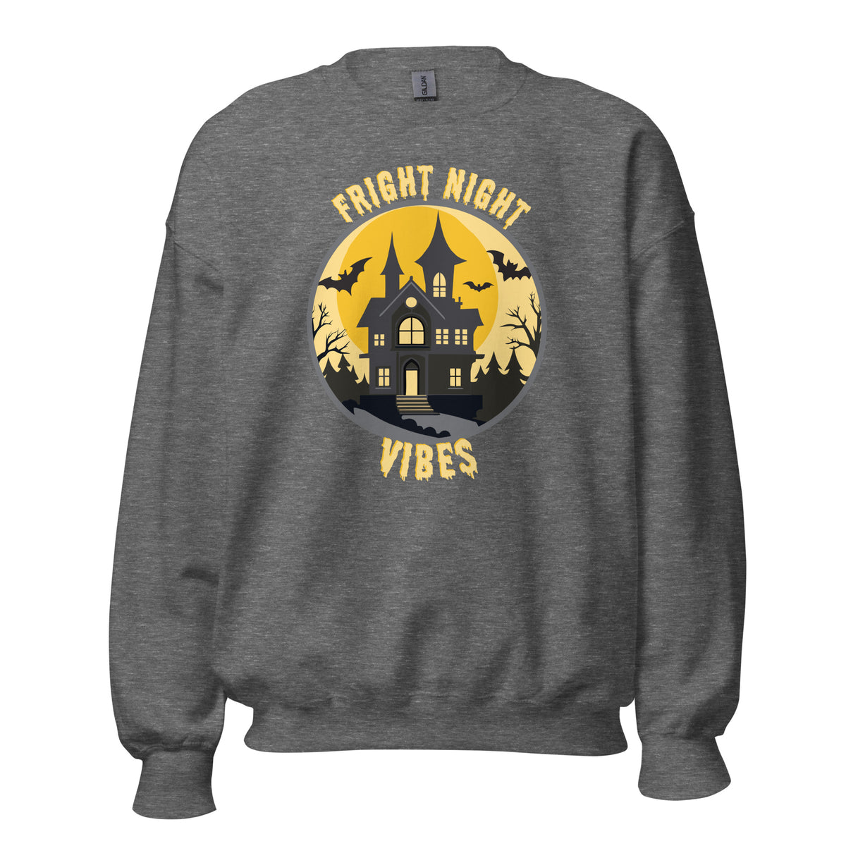 Embrace spooky season in a Fright Night Vibes Halloween Crewneck Sweatshirt, featuring cozy comfort and bold festive style for chilly nights.
