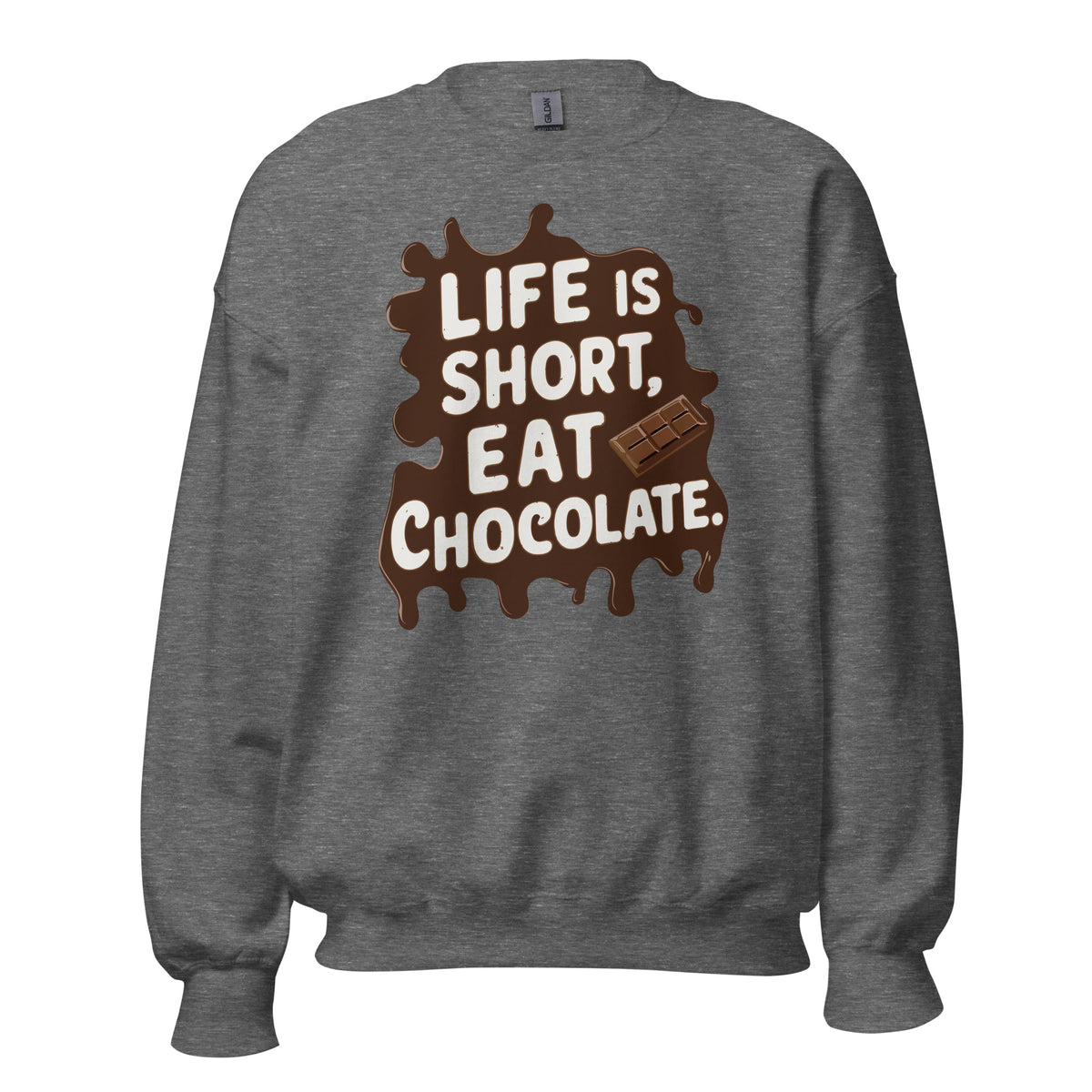 Best Life Is Short, Eat Chocolate: Crewneck Sweatshirt brings cozy comfort and a playful message—perfect for chocolate lovers and everyday style.
