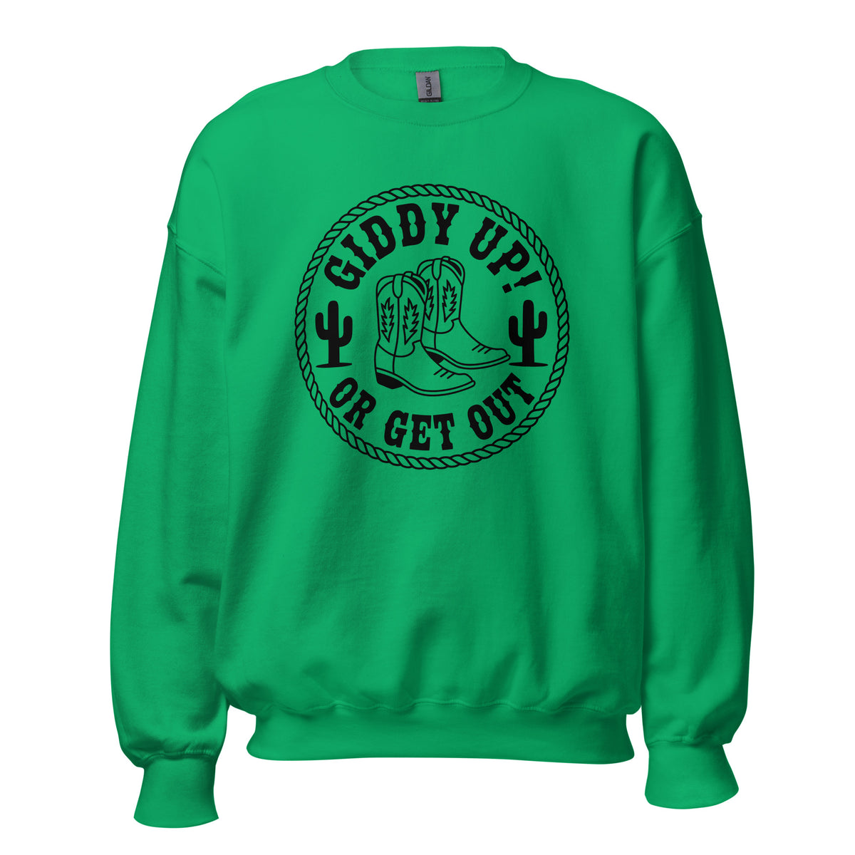 Shop the Giddy Up or Get Out Cowboy Boots Sweatshirt, a cozy western-inspired layer for rodeos, ranch days, and casual country style.
