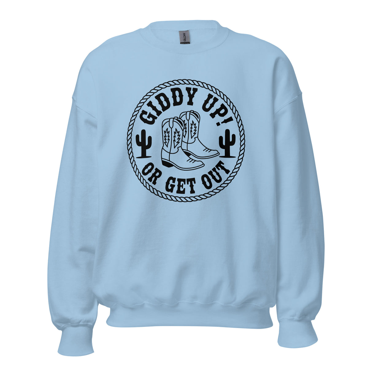 Shop Best Giddy Up or Get Out Cowboy Boots Sweatshirt for a bold western look. Cozy, stylish, and made for rodeo-ready days.