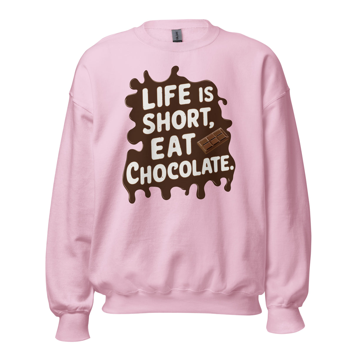 Life Is Short, Eat Chocolate: Crewneck Sweatshirt brings cozy comfort and playful style to your everyday wardrobe. Shop this sweet statement piece.