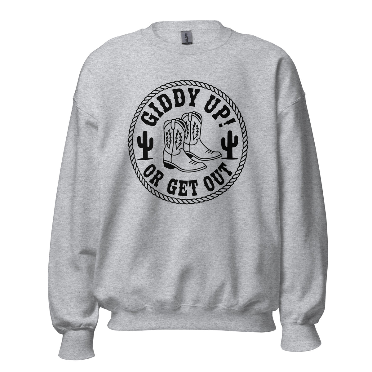 Make a statement in the Giddy Up or Get Out Cowboy Boots Sweatshirt. Bring spirited cowboy charm to your everyday wardrobe.
