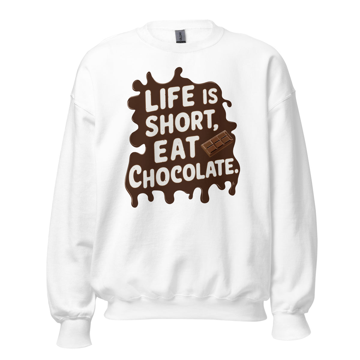 Best Life Is Short, Eat Chocolate: Crewneck Sweatshirt brings cozy comfort and a playful message—perfect for chocolate lovers and everyday style.