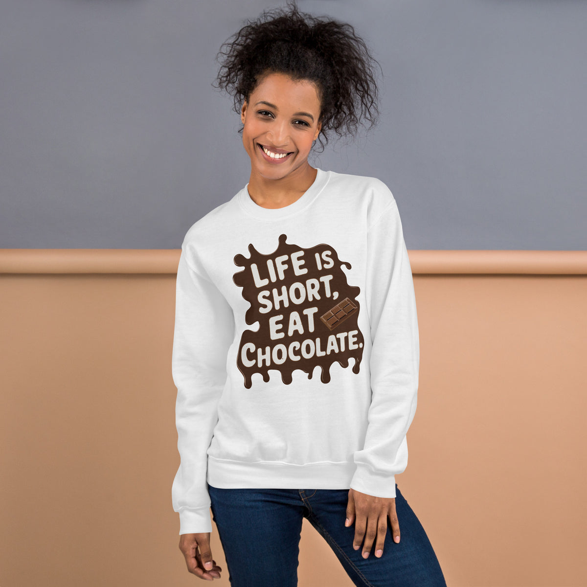 Shop the Life Is Short, Eat Chocolate: Crewneck Sweatshirt for a warm, witty layer that adds sweet personality to your everyday wardrobe.