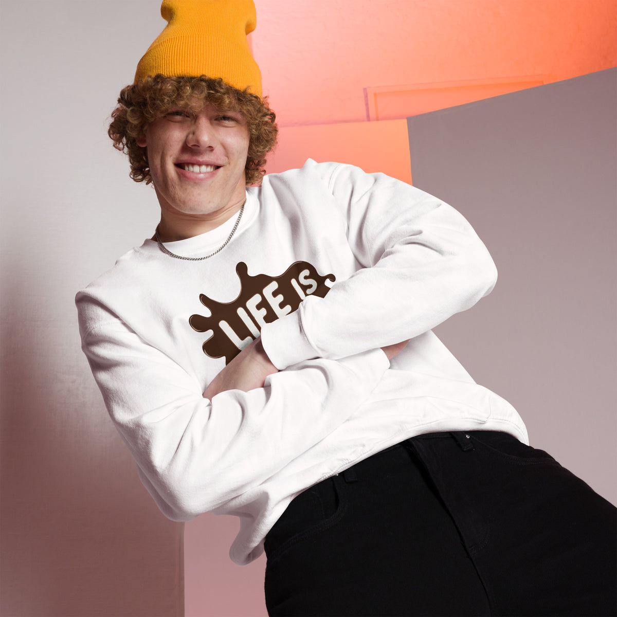 Life Is Short, Eat Chocolate: Crewneck Sweatshirt delivers cozy comfort and a playful message—perfect for chocolate lovers and casual days.