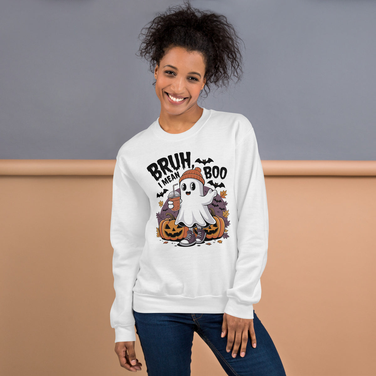 Shop the Bruh Mean Boo Halloween Ghost Sweatshirt, a playful spooky-season layer with a funny ghost design for parties, pumpkins, and fall days.
