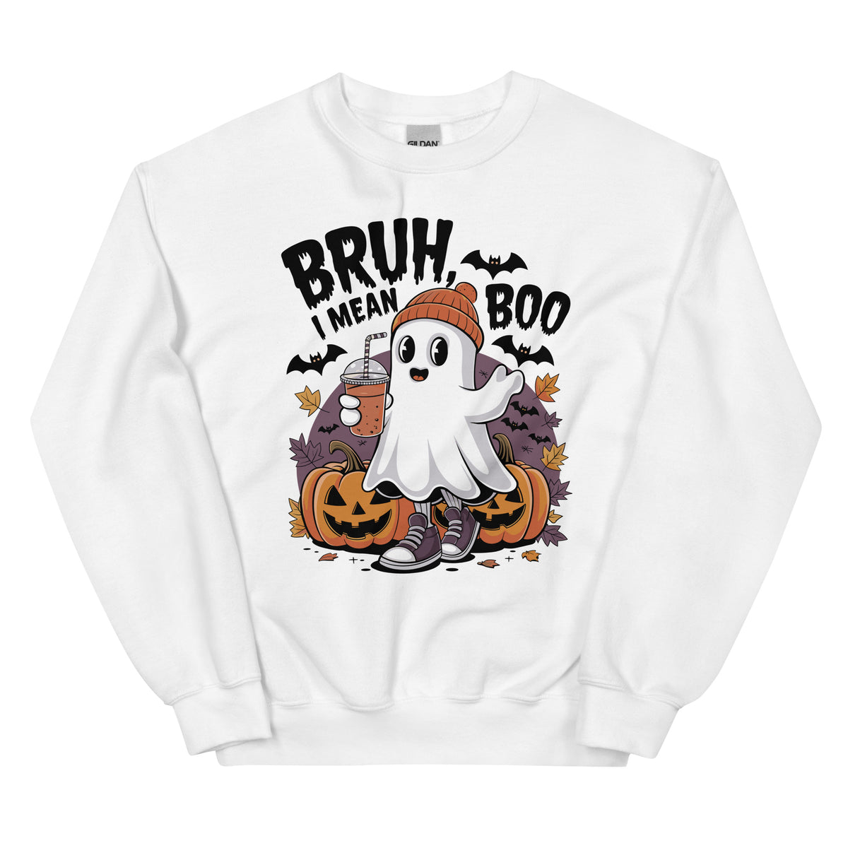 Buy Bruh Mean Boo Halloween Ghost Sweatshirt—a cozy, witty pick for haunted hangouts, pumpkin patches, and everyday fall style.