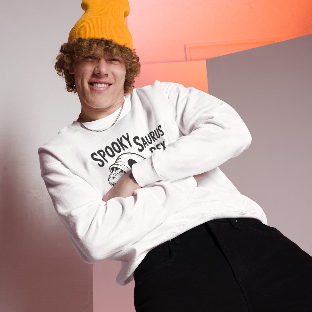 Shop the Spooky Saurus Rex Dinosaur Ghost Sweatshirt for Festive Wear—a playful, comfy pick for Halloween parties and trick-or-treating.
