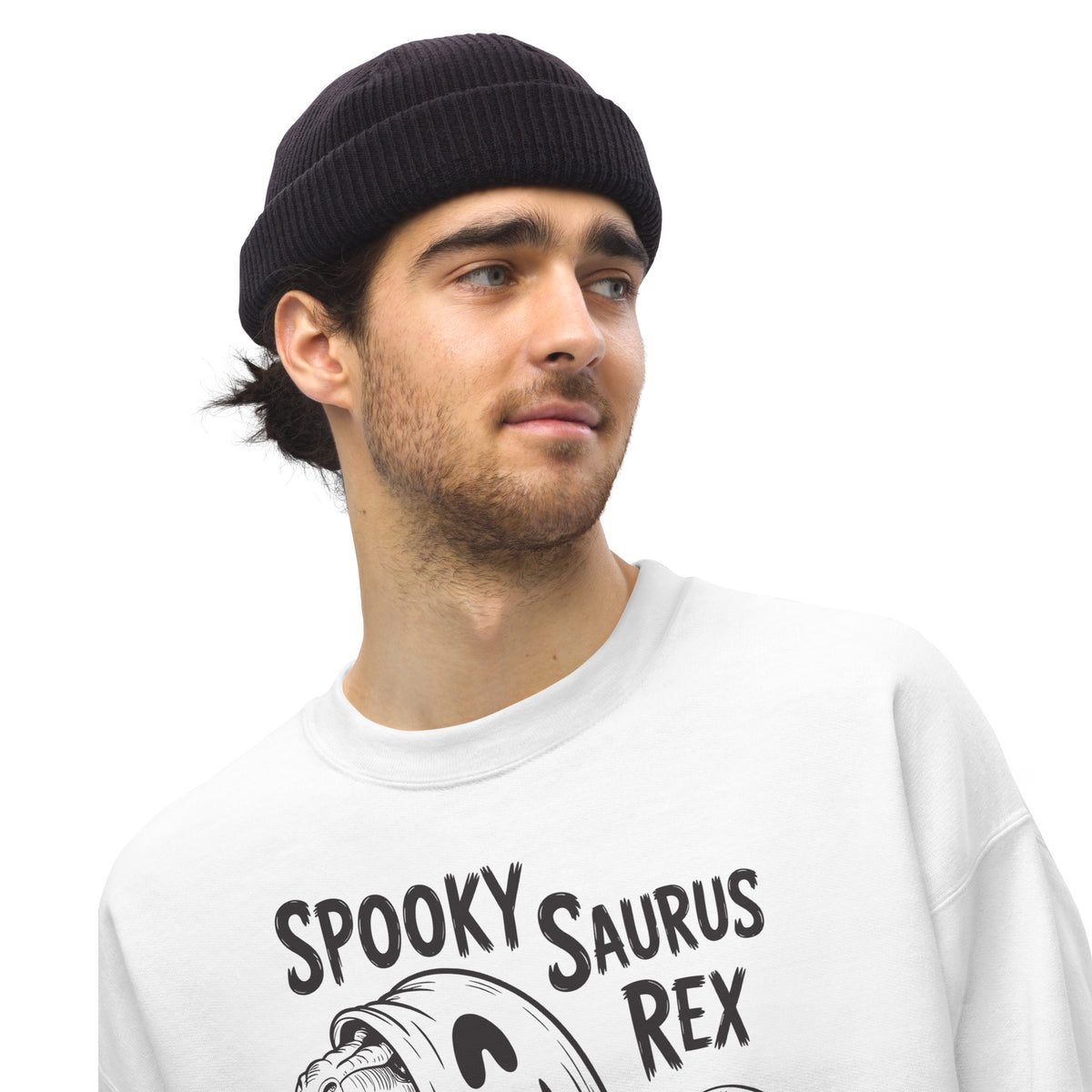 Bring prehistoric fun to the season with the Spooky Saurus Rex Dinosaur Ghost Sweatshirt for Festive Wear, a cute Halloween essential.