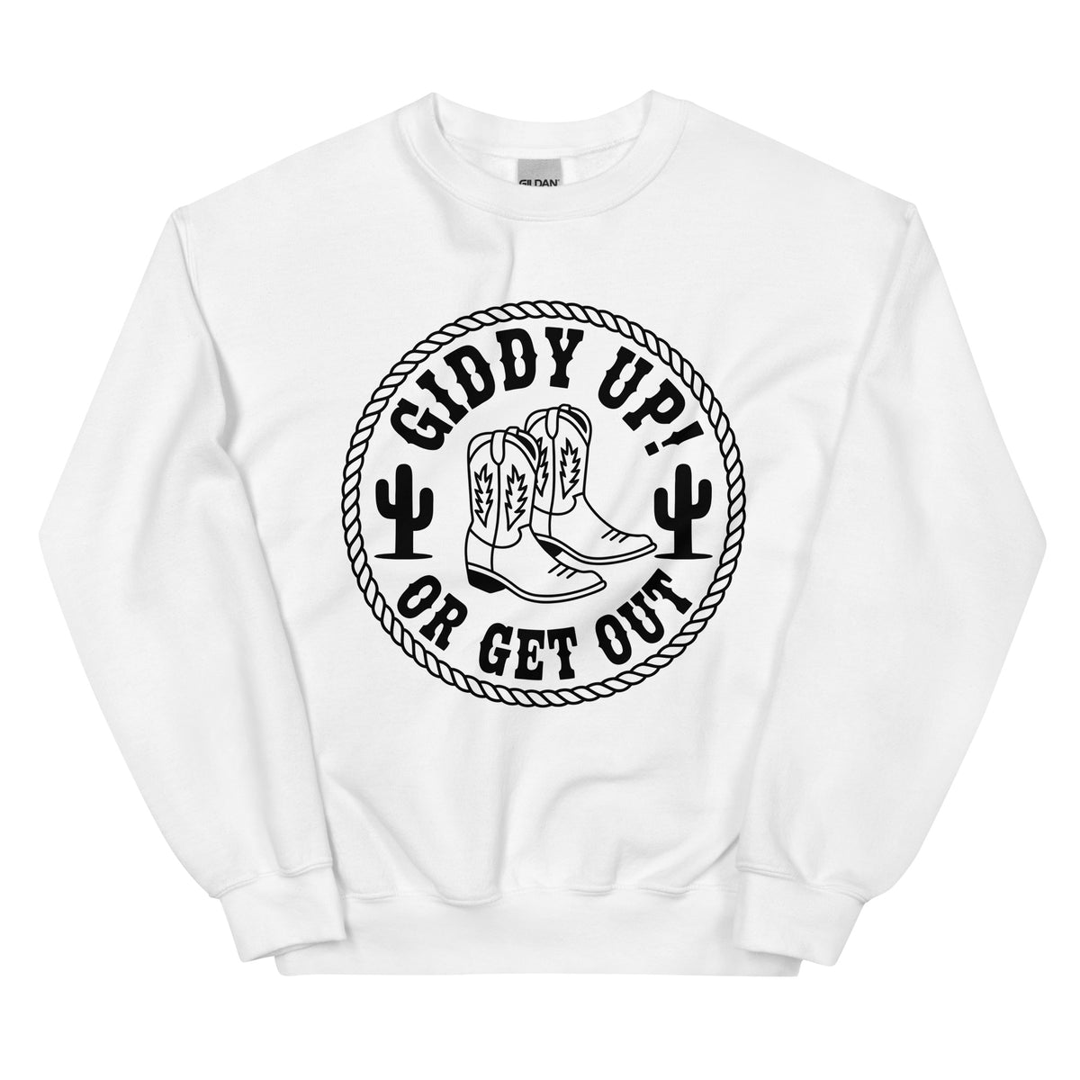 Shop Giddy Up or Get Out Cowboy Boots Sweatshirt—a fun, comfortable choice for country fans, cowgirls, and Western wardrobe lovers.