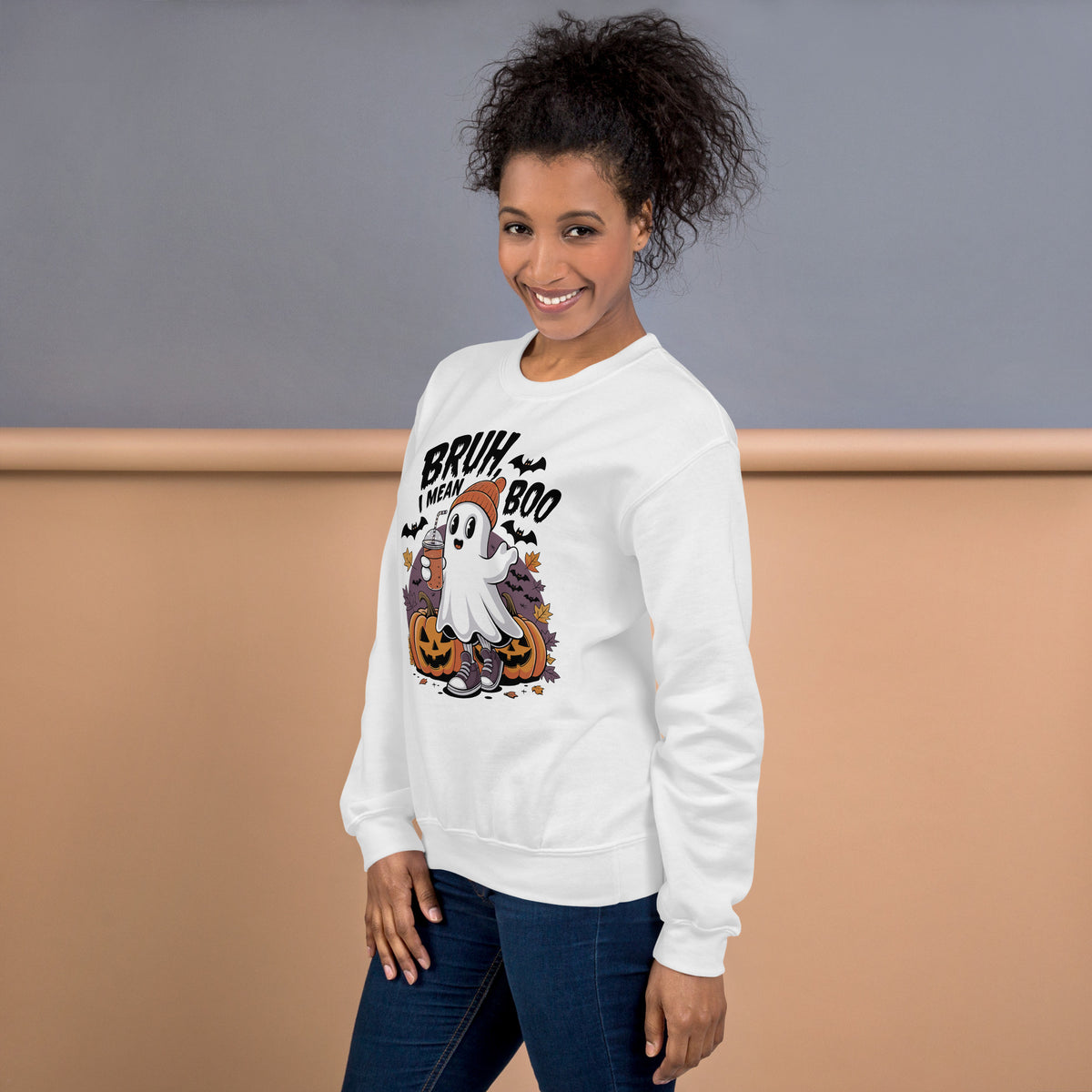 Buy Bruh Mean Boo Halloween Ghost Sweatshirt for a fun, cozy way to show off your humor at Halloween parties, trick-or-treating, and beyond.